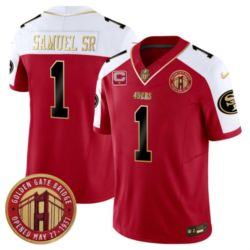 Men's San Francisco 49ers #1 Deebo Samuel Sr. Red/White F.U.S.E. With 1-Star C Patch And Golden Gate Bridge Patch Alternate Vapor Limited Stitched Football Jersey Men's San Francisco 49ers #1 Deebo Samuel Sr. Red/White F.U.S.E. With 1-Star C Patch And Golden Gate Bridge Patch Alternate Vapor Limited Stitched Football Jersey